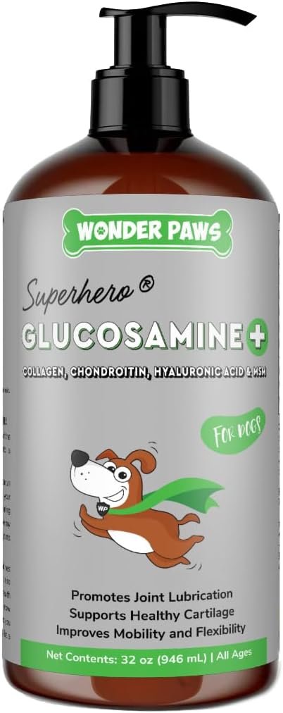 WONDER PAWS Premium Liquid Glucosamine for Dogs Strength Joint Support, Flexibility, Cartilage & Mobility – Hip and Joint Supplement with Chondroitin, MSM, Collagen & Hyaluronic Acid (32 Oz)