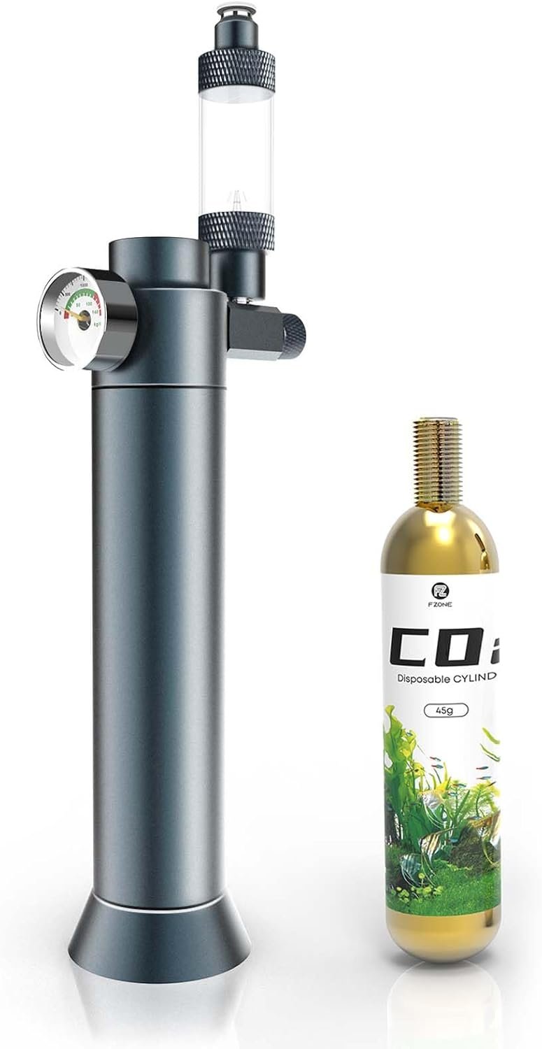 FZONE Desktop Aquarium CO2 System, CO2 Regulator with 45g Disposable CO2 Cartridge, Compatible with 5/8″ and 3/8″ Threaded Interfaces, Perfect for Nano Aquariums