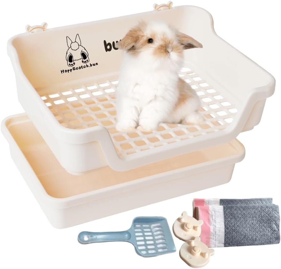 HoppScotch.bun Bumbox Large Rabbit Litter Box, 15.75″ Training Cage with Plastic Grid for Small Animals, Indoor/Outdoor, Cream