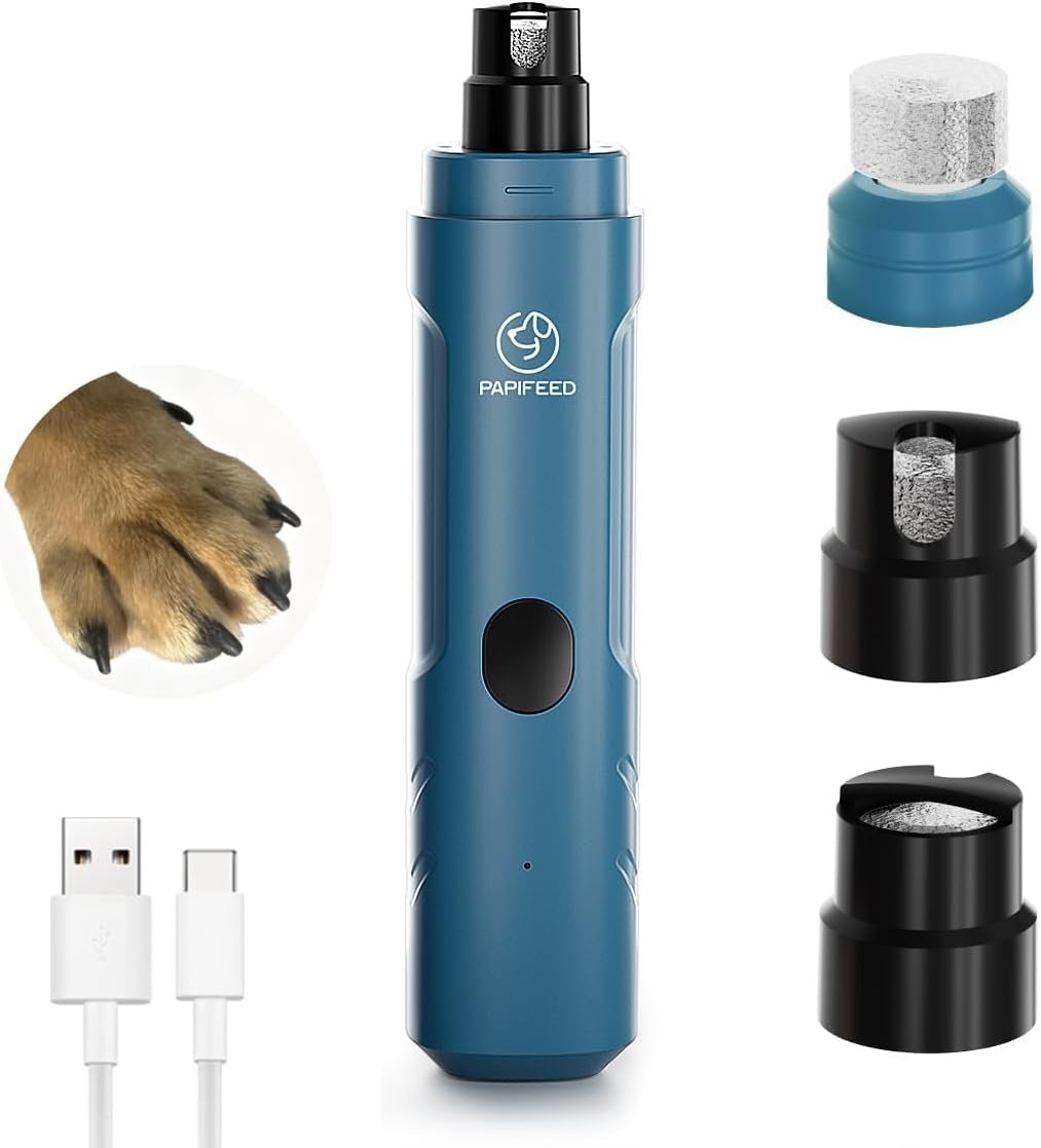 PAPIFEED Dog Nail Grinder with LED Light, Ultra Quiet 3-Speed Electric Nail File for Small Medium Large Dogs & Cats, Rechargeable Pet Nail Grinder with Trimmer (Blue)