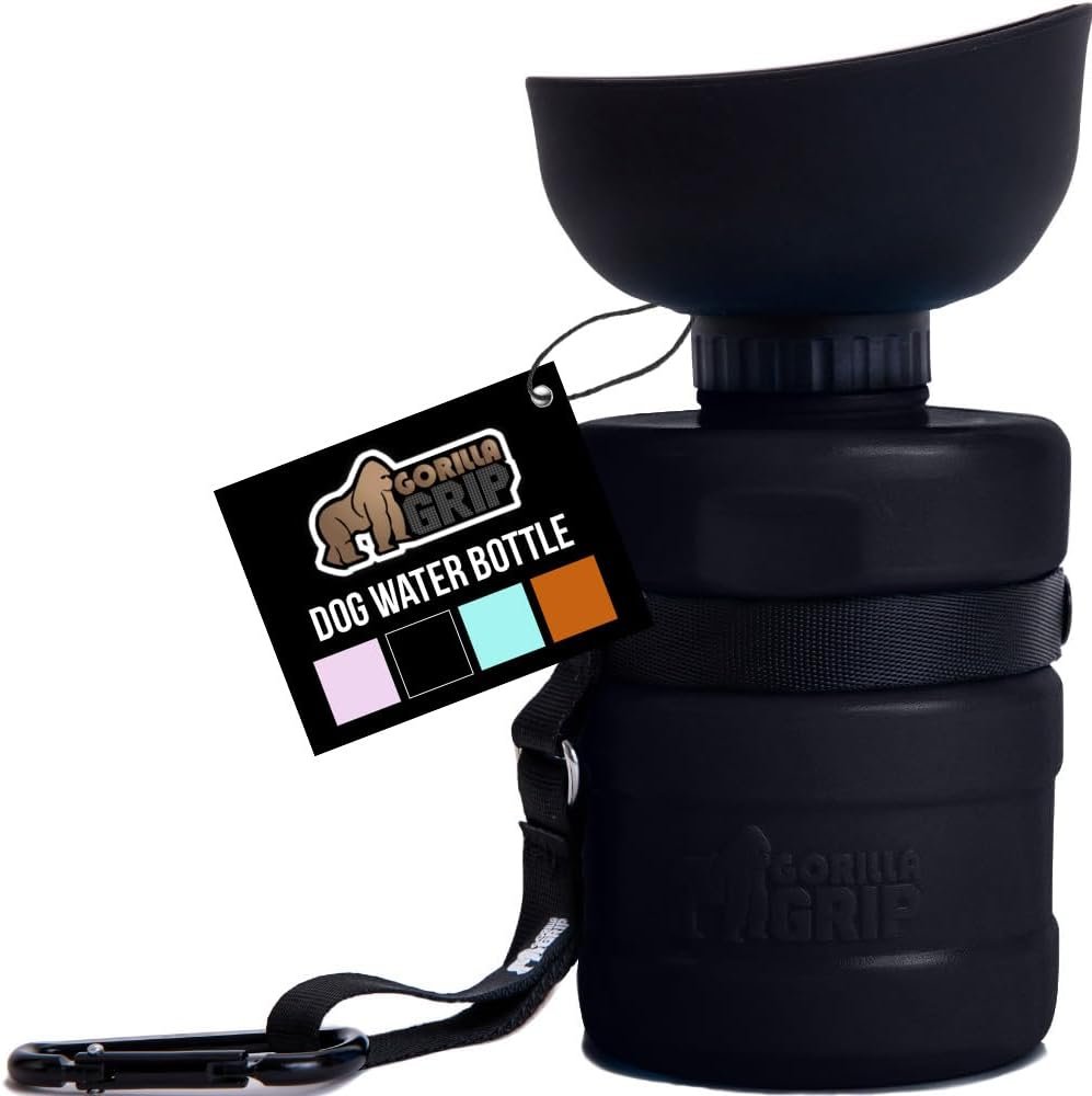 GORILLA GRIP Dog Water Bottle, Portable Water Bowl Dispenser for Dogs, 12 oz Leak Proof Pet Travel Squeeze Bottles Food Grade Silicone, Pet Stocking to Go Puppy Essentials, Black