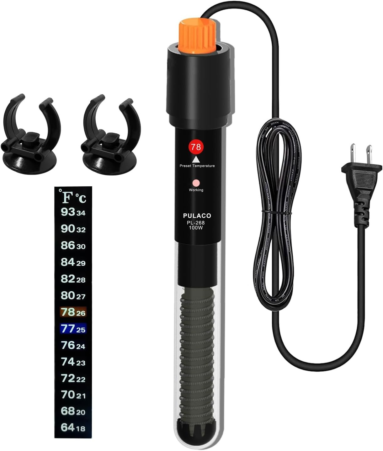 PULACO 100Watt Aquarium Heater for 15-25 Gallon Fish Tank, Adjustable Submersible Heater Thermostat with Thermometer Strip and Suction Cup