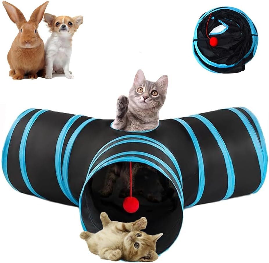 3-Way Collapsible Cat Tunnel Tube Toy Black Blue — Interactive Play Tunnel with Hanging Ball & Peek Hole for Indoor Cats, Kittens, Puppies & Rabbits | Hours of Fun & Exercise