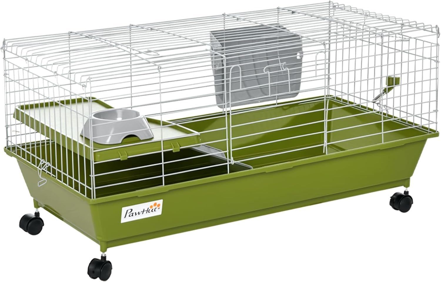 PawHut 35″ L Small Animal Cage, Rolling Bunny Cage, Guinea Pig Cage with Food Dish, Water Bottle, Hay Feeder, Platform, Ramp for Chinchilla, Green