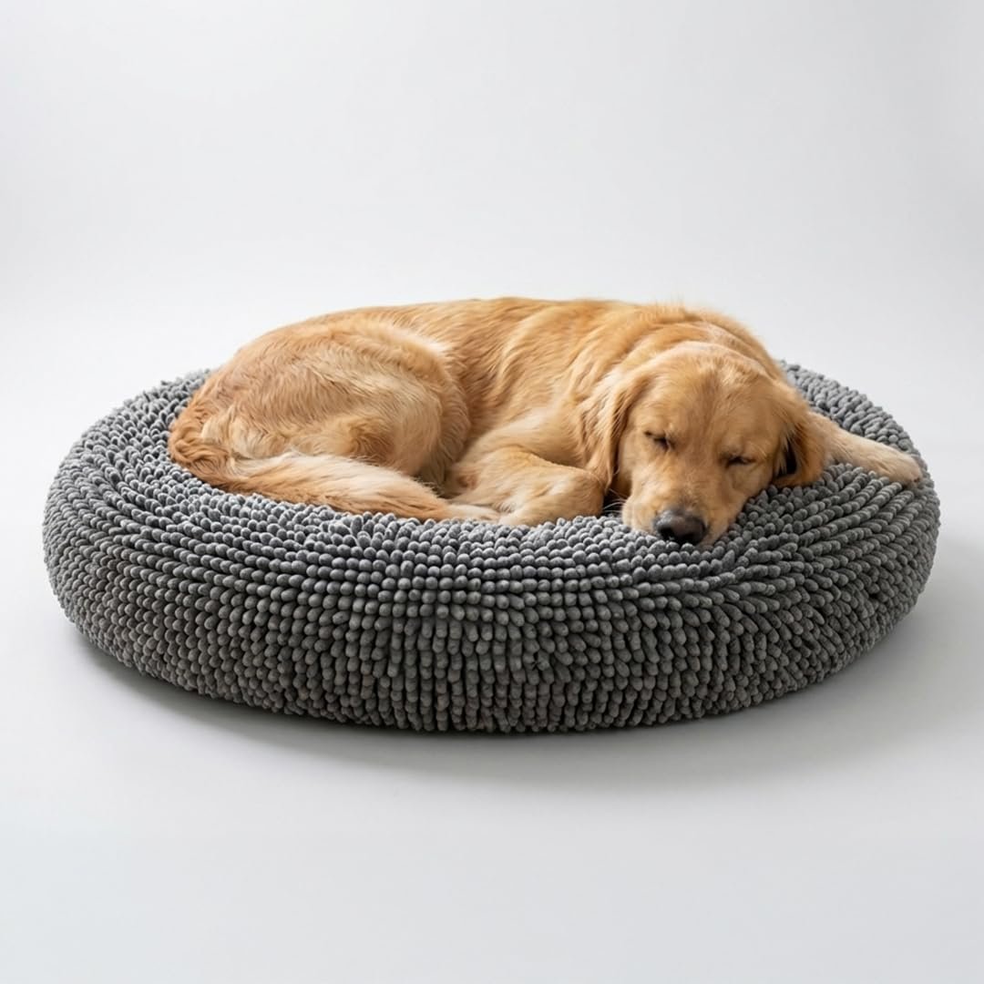 Muddy Mat® Cloud K-9 Bed for Dogs & Cats, Soft & Relaxing Round Dog Bed, Chenille Material, Removable Cover, Washable & Dryer Safe–Grey Large(40’x40′)