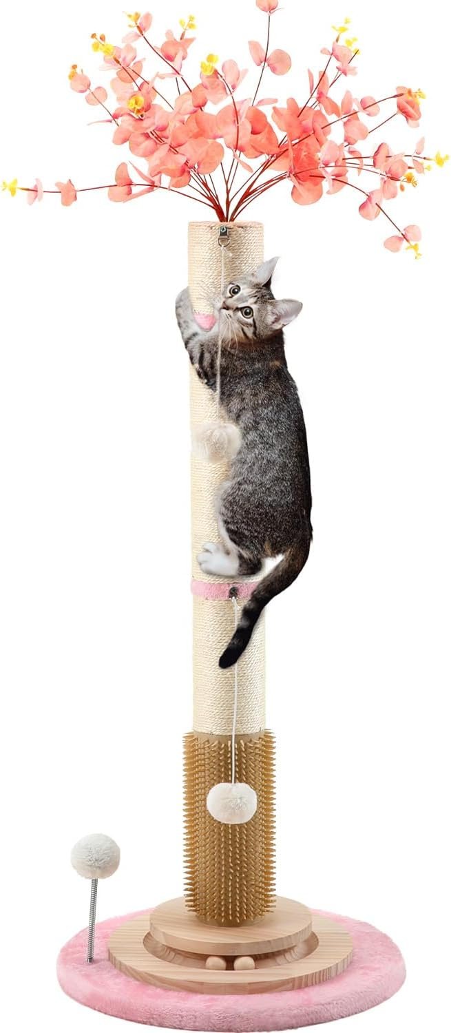 45” Tall Cat Scratching Post,Heavy Duty for Indoor Large 3.5Inch Diameter Natural Sisal Rope Post,Stable Real Wood Base,Artificial Tree Plant Design Scratcher with Interactive Ball Toy for Home Decor