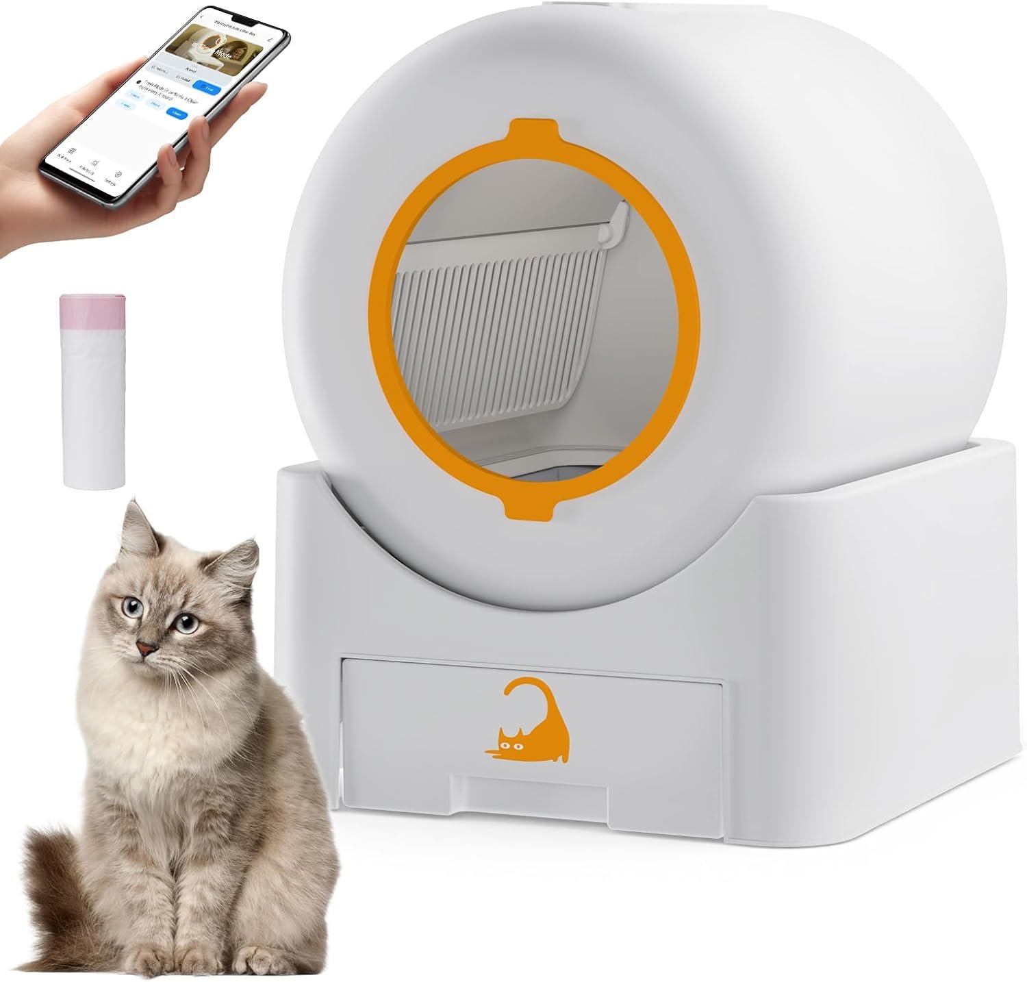 Automatic Self Cleaning Cat Litter Box, 75 L Large Capacity Smart Litter Box with Safety Sensors 1 Roll Trash Bags Included Whisper Quiet Cat Litter Box with App Remote Control for Multi Cats, White
