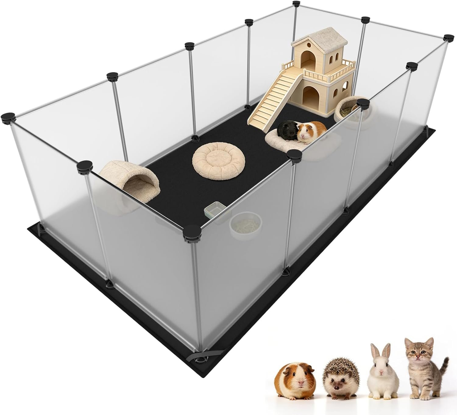 Tresbro Guinea Pig Cage with Waterproof Mat & 12 Transparent Panels, Bunny Enclosure and Indoor Guinea Pig Playpen 48”L x 24”W x 16”H, Small Animal Playpen for Hamster, Hedgehog, Kitten, Rabbit