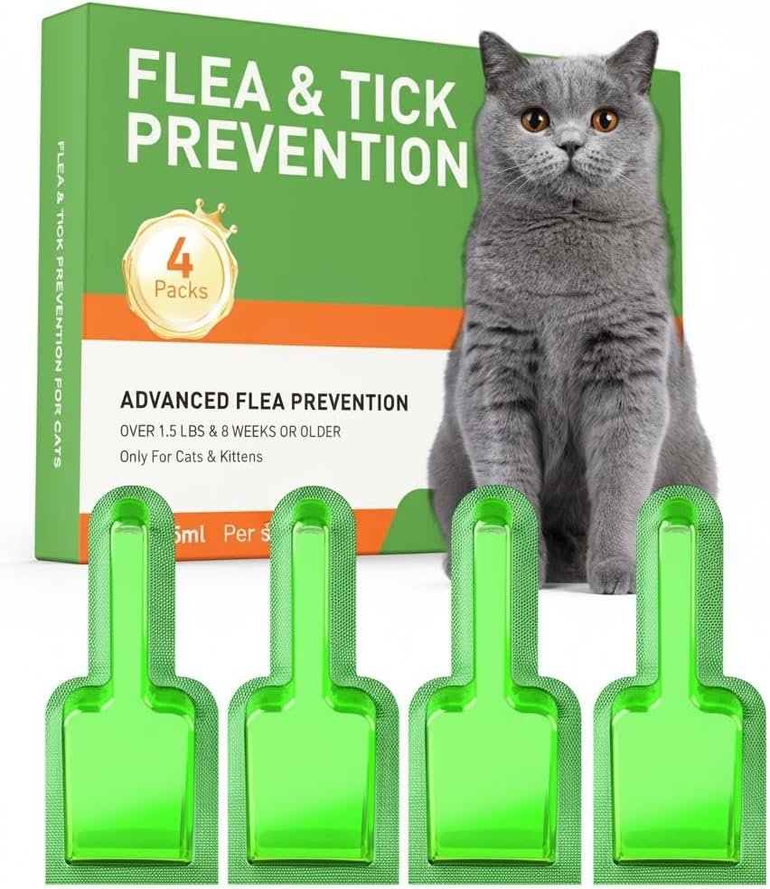 Cat Flea Treatment & Tick Control – Topical Flea Treatment for Cats & Kittens – Protection for Cats Over 1.5 lbs and 8 Weeks or Older, 4 Pack