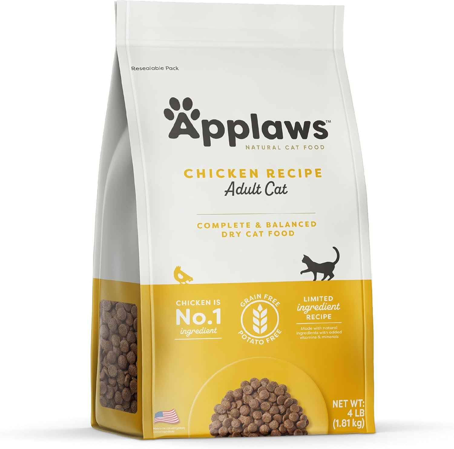 Applaws Chicken Grain Free Dry Cat Food, 4 lb Bag, High Protein (40%), Limited Ingredient, Complete & Balanced, Added Vitamins & Minerals, Supports Digestion, No Artificial Additives