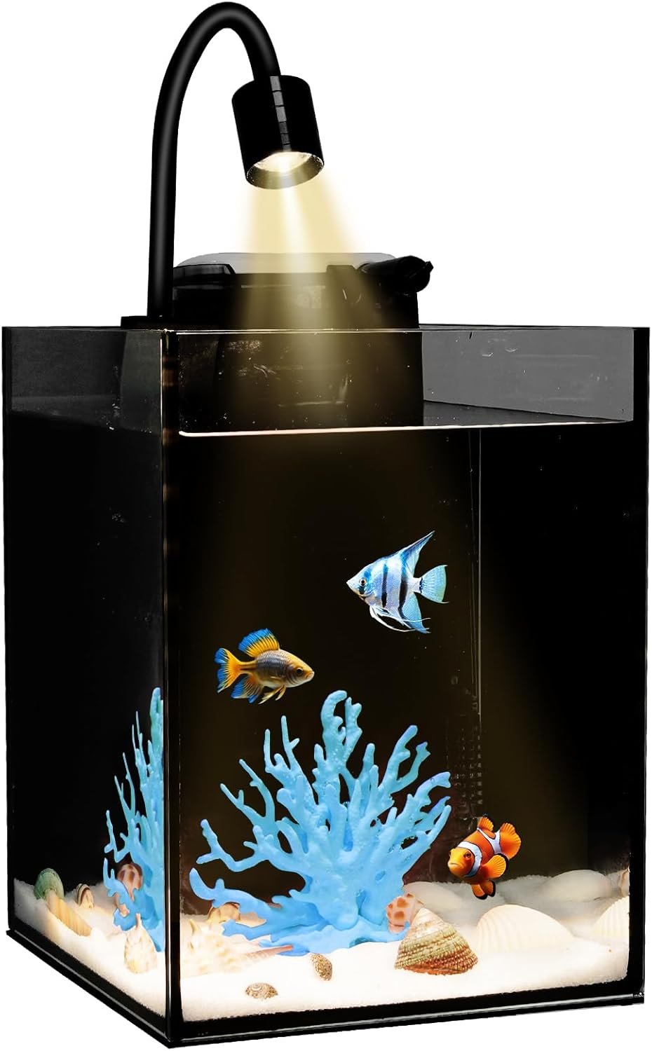 DIY Aquarium Masterpiece Kit – Create Your Own Unique Ocean Aquascape with Natural Shells, Vibrant Corals, RGB Color Lights, Filter, Pump and 1.2Gal Cube Rimless Tank