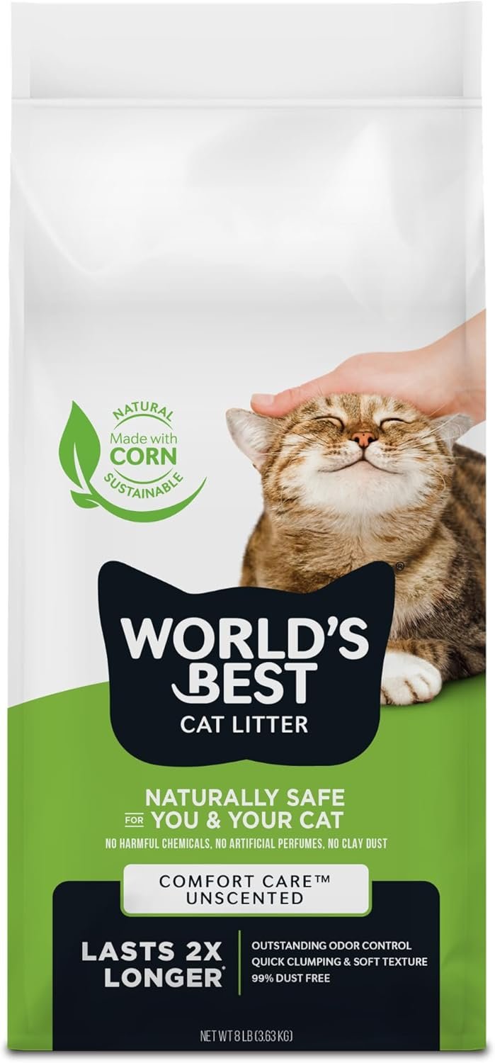 WORLD’S BEST CAT LITTER Comfort Care Unscented, 8-Pounds – Natural Ingredients, Quick Clumping, Flushable, 99% Dust Free & Made in USA – Long-Lasting Odor Control & Easy Scooping