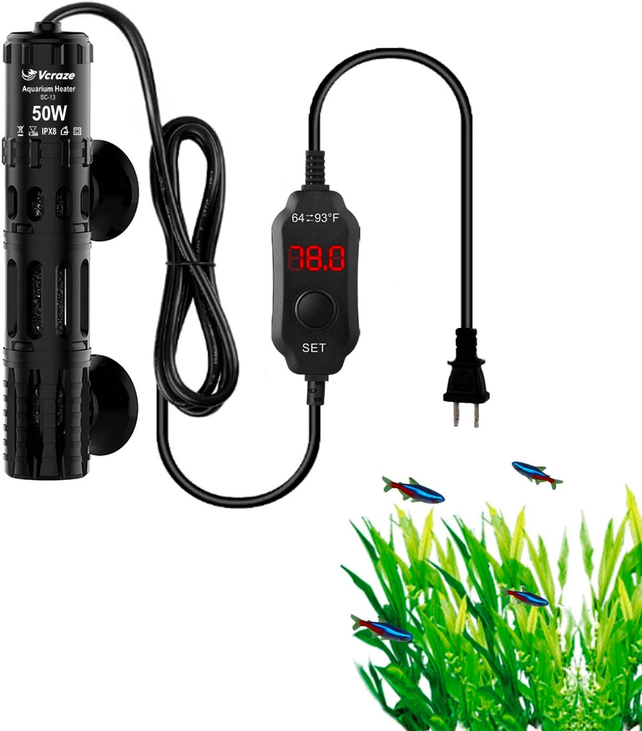 Aquarium Heater 50W, Submersible Fish Tank Heater with LED Digital Display, Auto Power-Off When Leaving Water & High Temp Protection, for Fresh and Salt Water Tanks 5-10 Gal