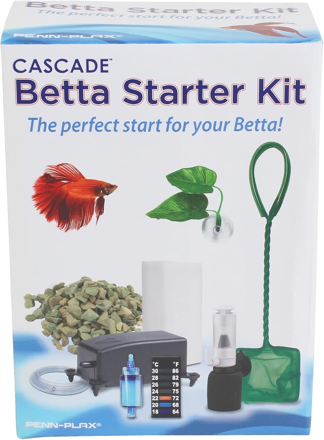 PENN-PLAX Cascade Betta Fish Starter Kit – Includes Air Pump, Airline Tubing, Sponge Filter, and Thermometer – Flow Rate of 1.2 L/Min – 9 Pieces