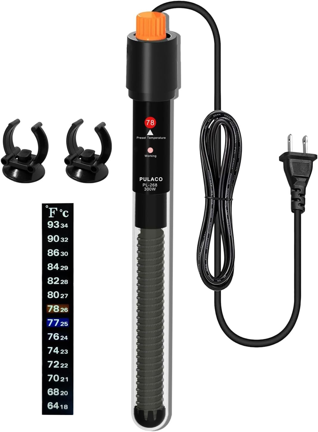 PULACO 300Watt Aquarium Heater for 50-70 Gallon Fish Tank, Adjustable Submersible Heater Thermostat with Thermometer Strip and Suction Cup
