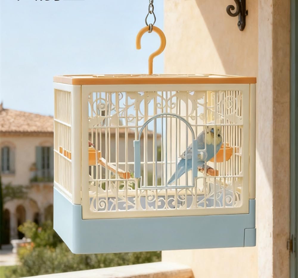 Portable Foldable Bird Cage – 360° Full View Bird Cage with Hook/Food Bowl/Perch, Slide-Out Tray for Easy Cleaning, Essential for Travel and Outings (Includes Carrying Hook)