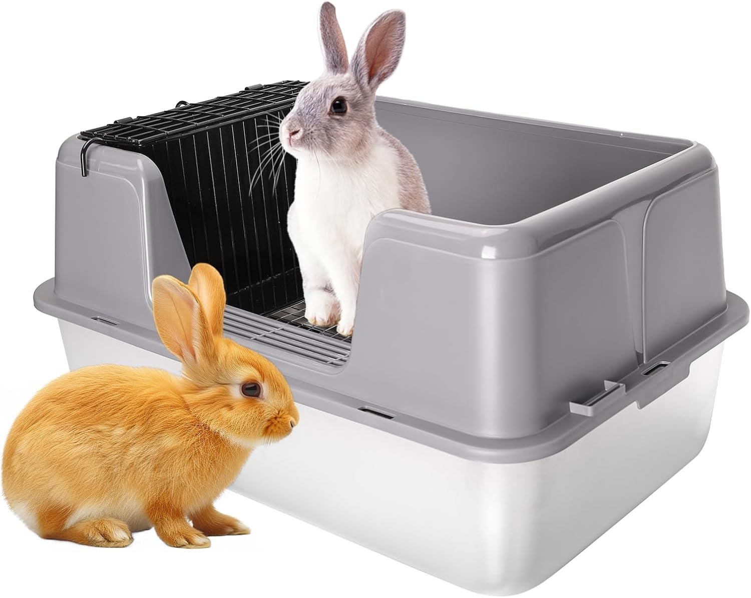 XXL Rabbit Litter Box, 23.6″ L x 15.7″ W x 12.4″ H Stainless Steel Rabbit Litter Box with Lid, Hay Feeder with Hooks, Footed Metal Grid, Easy to Clean for Medium and Large Rabbits