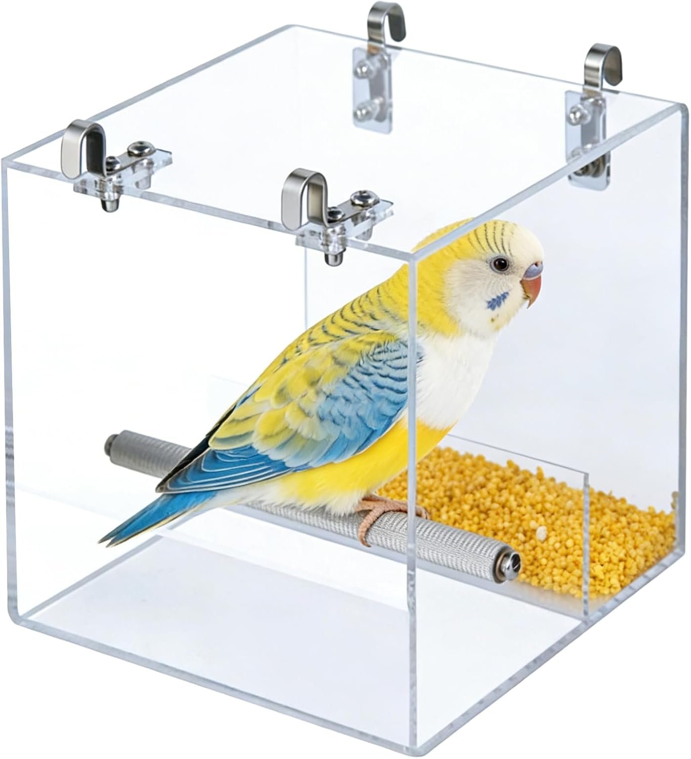ASelected Clear No Mess Bird Feeder, 6.3in Automatic Bird Feeder for Cage, Acrylic Clear Birds Feeder for Parrots Canary Parakeet Budgerigar Crested Myna Cockatiel Lovebird