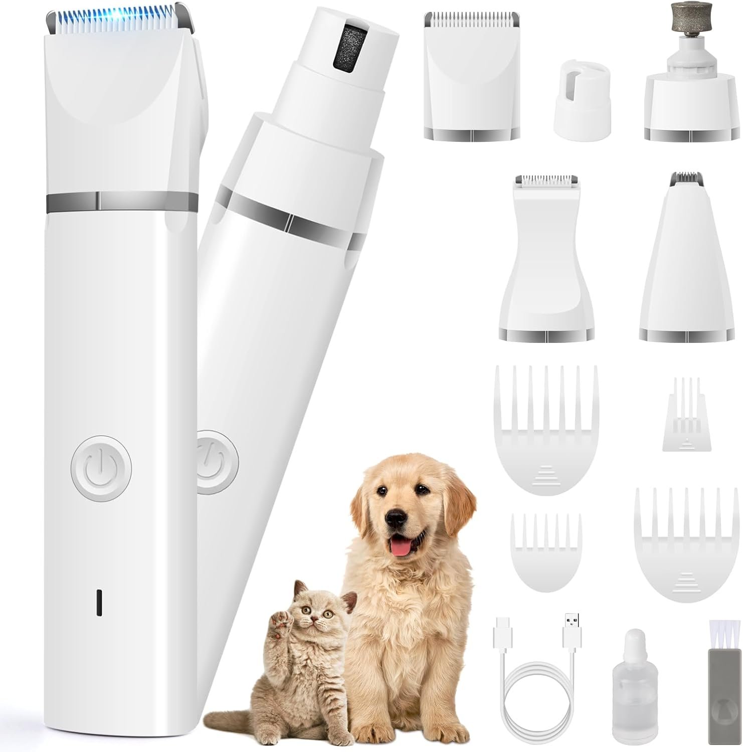 Veeconn Dog Clippers Grooming Kit Hair Clipper-Low Noise Paw Trimmer- Rechargeable – Cordless Quiet Nail Grinder Shaver for Cats and Other Pets
