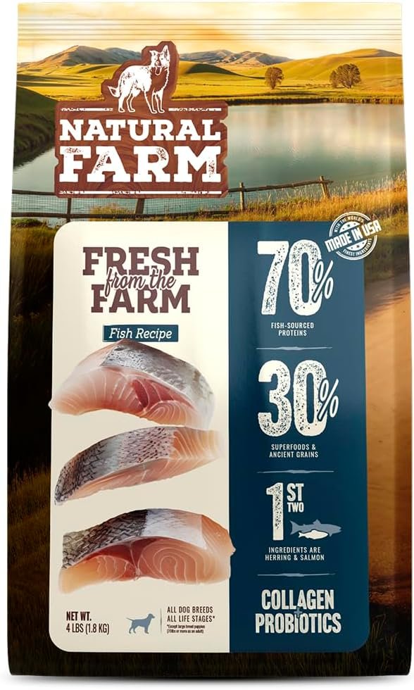 Natural Farm High Protein Dry Dog Food for All Life Stages with Collagen, Every Bag Contains 70% Real Fish and 30% Ancient Super Food Grains, Complete and Balanced Nutrition, 4Lb Bag.
