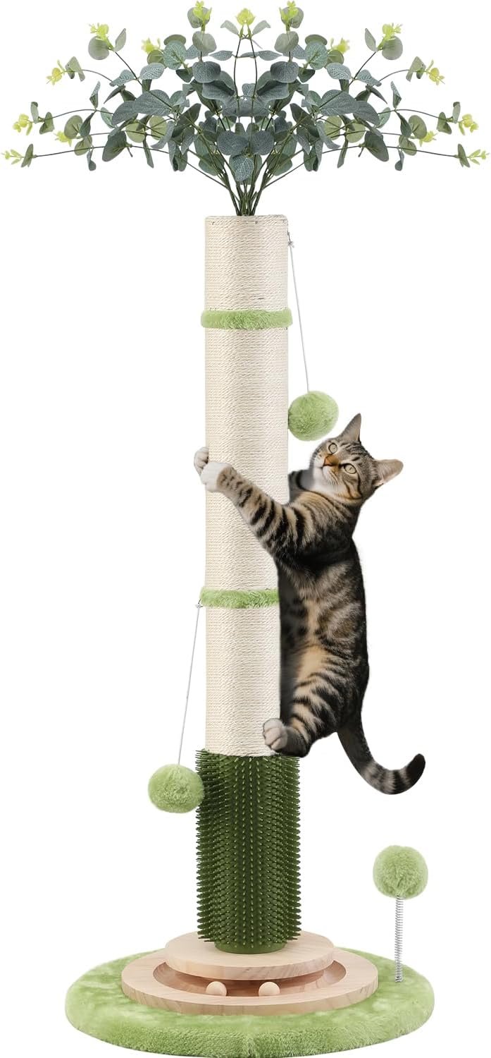 45” Extra Tall Cat Scratching Post for Large,3.5Inch Natural Sisal Scratcher Tree with Solid Wood Base,Stable Scratch Tower with Interactive Toy,Self Groomer,Climbing Pole for Full Body Stretching
