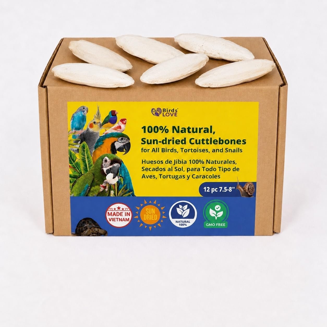 Birds LOVE 7.5-8″ Cuttlebone for Birds – 100% Natural Sun-Dried Calcium Carbonate Mineral Supplement – for Parakeets, Budgies, Cockatiels, Finches & Canaries – 12 Pack with Holder – Made in Vietnam