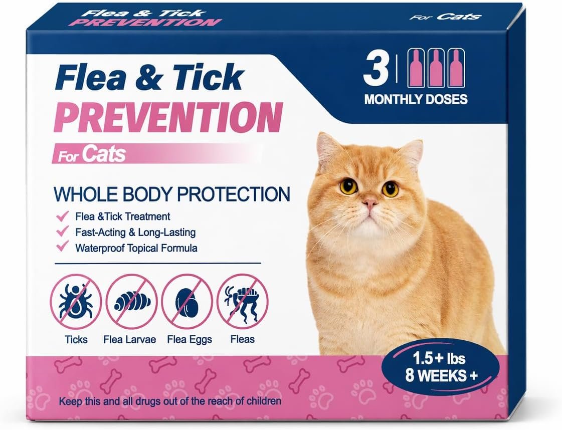 Topical for Cats – Topical Flea & Tick Care – for Cats 1.5+ lbs, 8 Weeks+,3 Monthly Doses