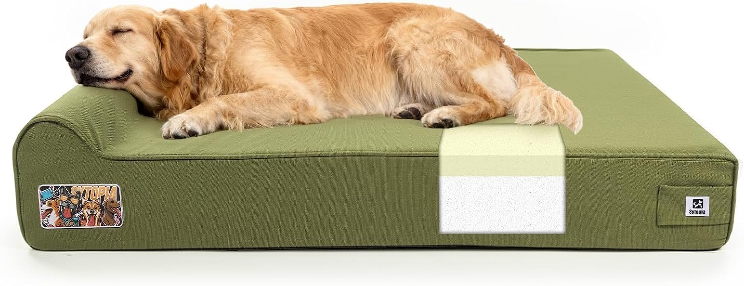 Sytopia Orthopedic Dog Beds for Extra Large Dogs, 7″ Extra Thick Memory Foam Canvas Pet Bed with Durable Chew Proof Fabric Cover, Waterproof Liner & Washable Cover, Nonskid Bottom, Green