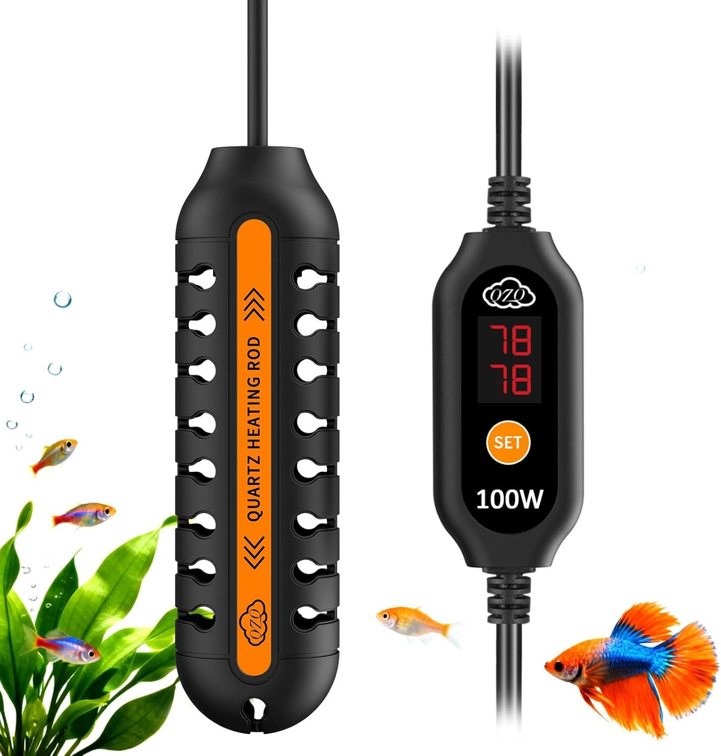 QZQ Aquarium Heater, 100W Adjustable Fish Tank Heater with Digital Display, External Temperature Controller, Submersible Turtle Tank Heater for 10-20 Gallon Tanks