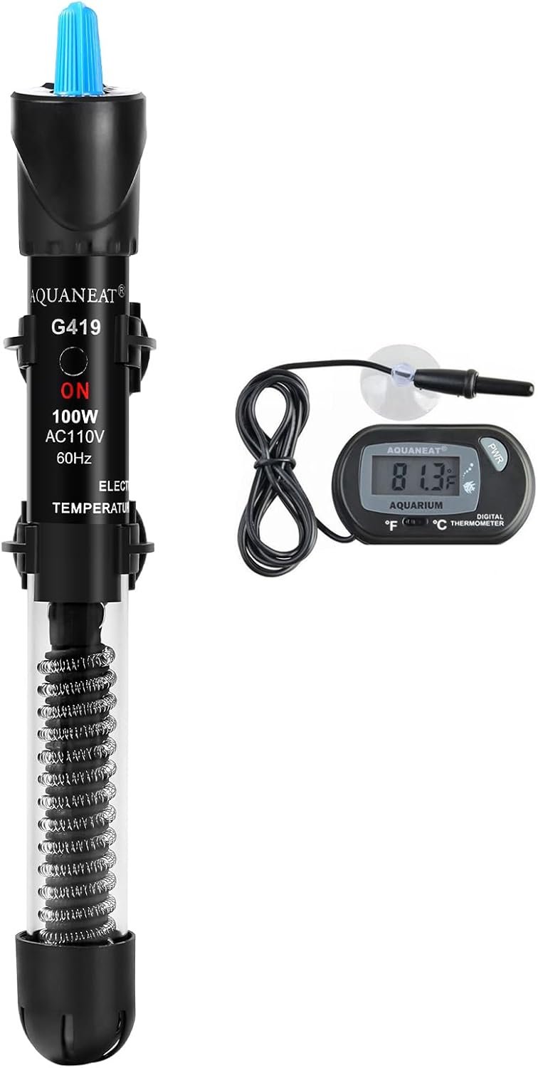 AQUANEAT Aquarium Heater, 100W Fish Tank Heater, Adjustable Submersible Water Thermostat with Digital Thermometer