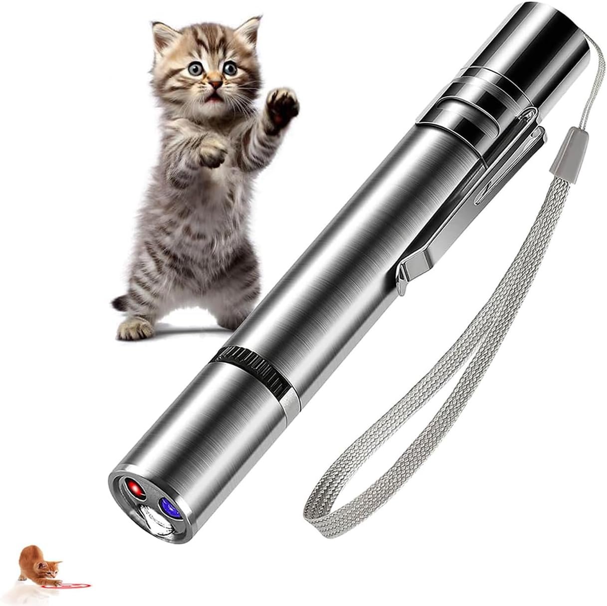 Cat Interactive Light Toy, 3 Light Modes & 5 Fun Patterns, USB Rechargeable Pointer for Cats/Dogs/Birds, 20-Min Fast Charge, Stainless Steel Portable Cat Chaser Toy with RingwormDetector & Flashlight