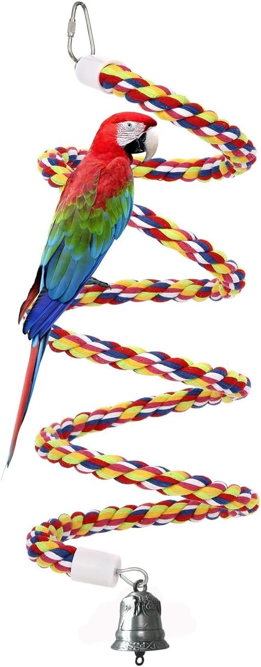 63” Bird Rope Perches Birdcage Swing Toys 100% Cotton Natural Bird Perch Peck/Chewing with Vintage Bell Climbing Standing Bungee Parrot Toys for Small to Regular Size Parrot Cockatiel Birds