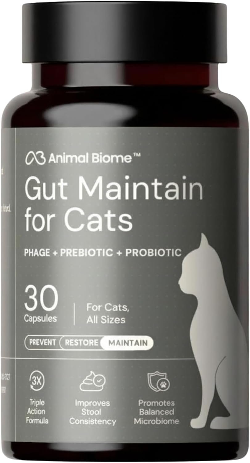 AnimalBiome NEW Probiotics for Cats with S Boulardii (30 Capsules) KittyBiome – Gut Maintain Triple-Action Phage, Prebiotics & Probiotic Cat Supplements for Digestive Health, Open for Easy Food Topper