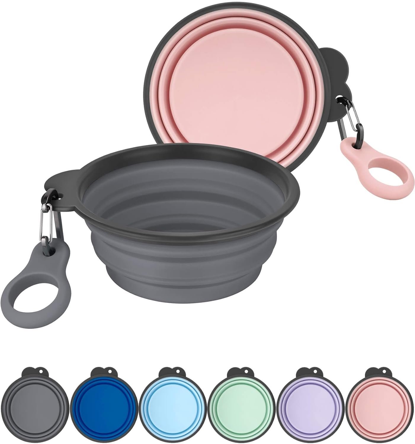 Aonkey Collapsible Dog Bowls with Bottle Carrier, 2 Pack Travel Dog Water Bowl Upgraded Carabiner, One-piece Molded Rim No Fall Off or Crack, Foldable Silicone Portable for Pets Walking Hiking 15oz