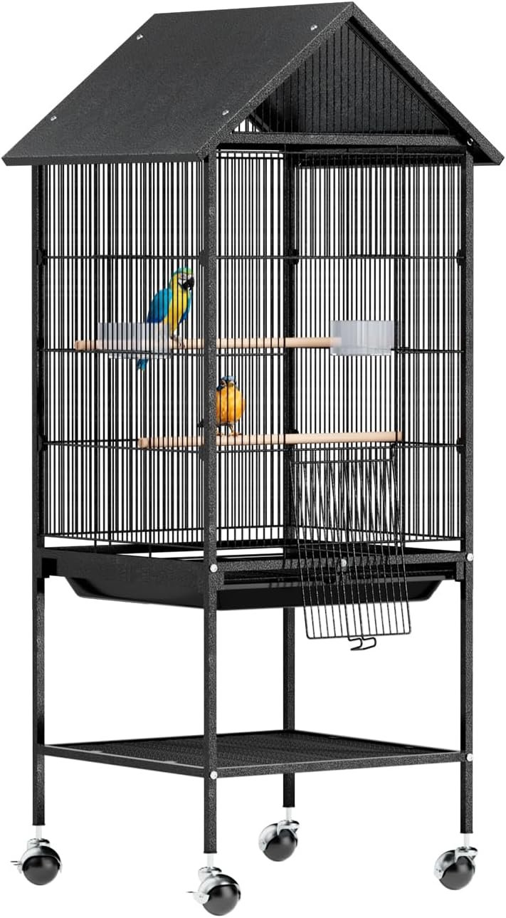 VINGLI Bird Cage with Rolling Stand for Parrots, Cockatiels, Budgies, Lovebirds, Small/Medium Birds (50″ H with Spire Roof)
