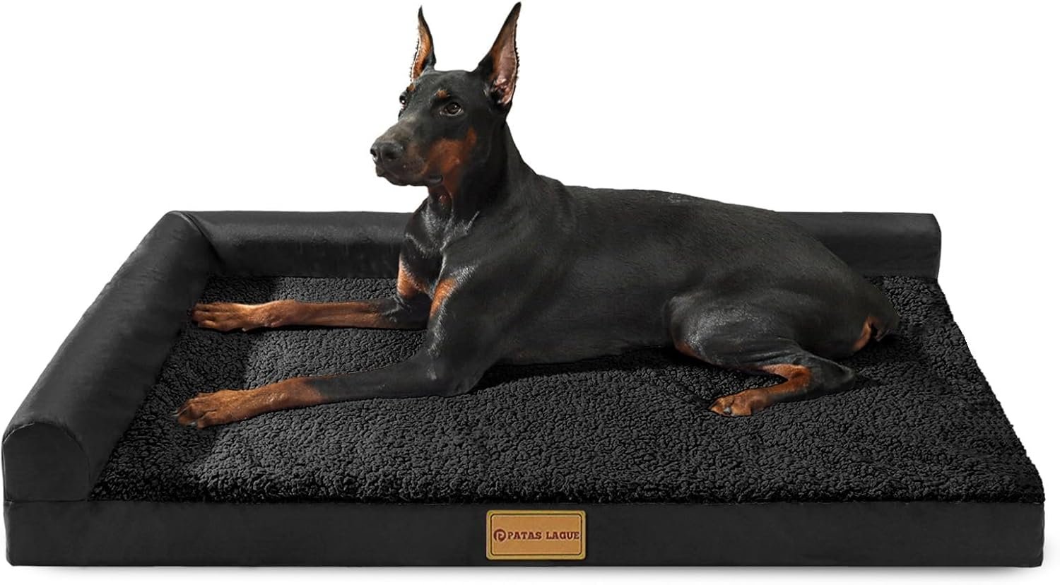 Patas Lague Orthopedic Dog Bed Large Sized Dog 36”X24”, Waterproof L Bolster Medium Pet Sofa Beds with Removable Washable Cover, Soft Pet Couch Crate Mat with Nonskid Bottom, Black