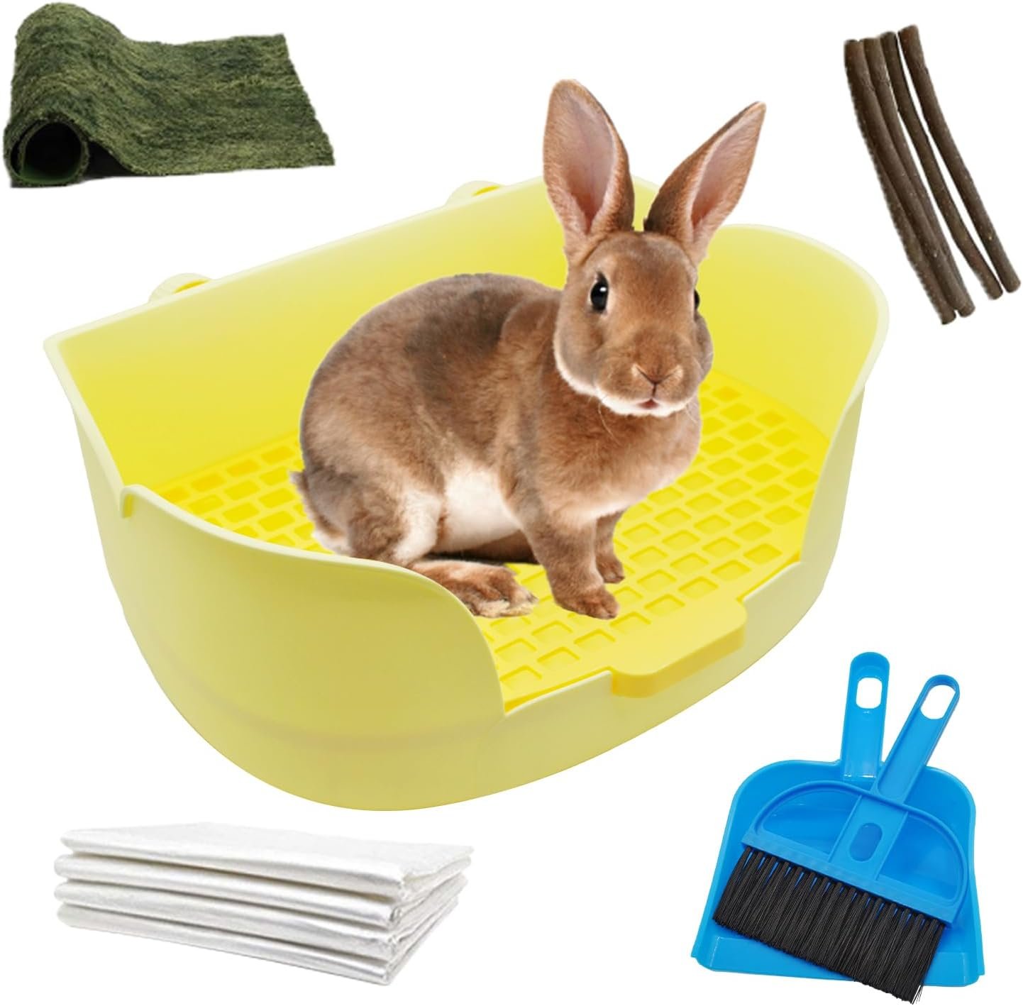 15.1″X11.0″ Large Rabbit Litter Box,Plastic Square Rabbits Potty Trainer with Bigger Pan Bunny Corner Toilet Box with Small Animal Disposable Liner for Guinea Pigs Hamster Chinchilla(Yellow)