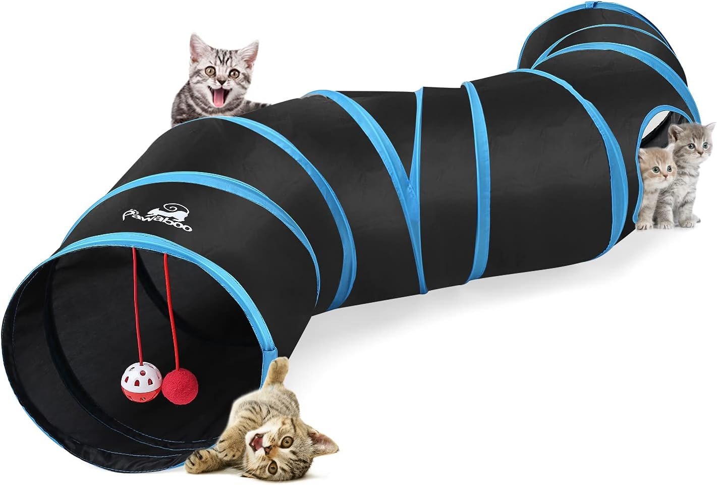 Pawaboo Cat Toys, Cat Tunnel Tube S-Shaped Tunnels 25x97cm Extensible Collapsible Cats Play Tent Interactive Toy Maze Cats House with Balls and Bells for Kitten Kitty Rabbit Small Animal, Blue