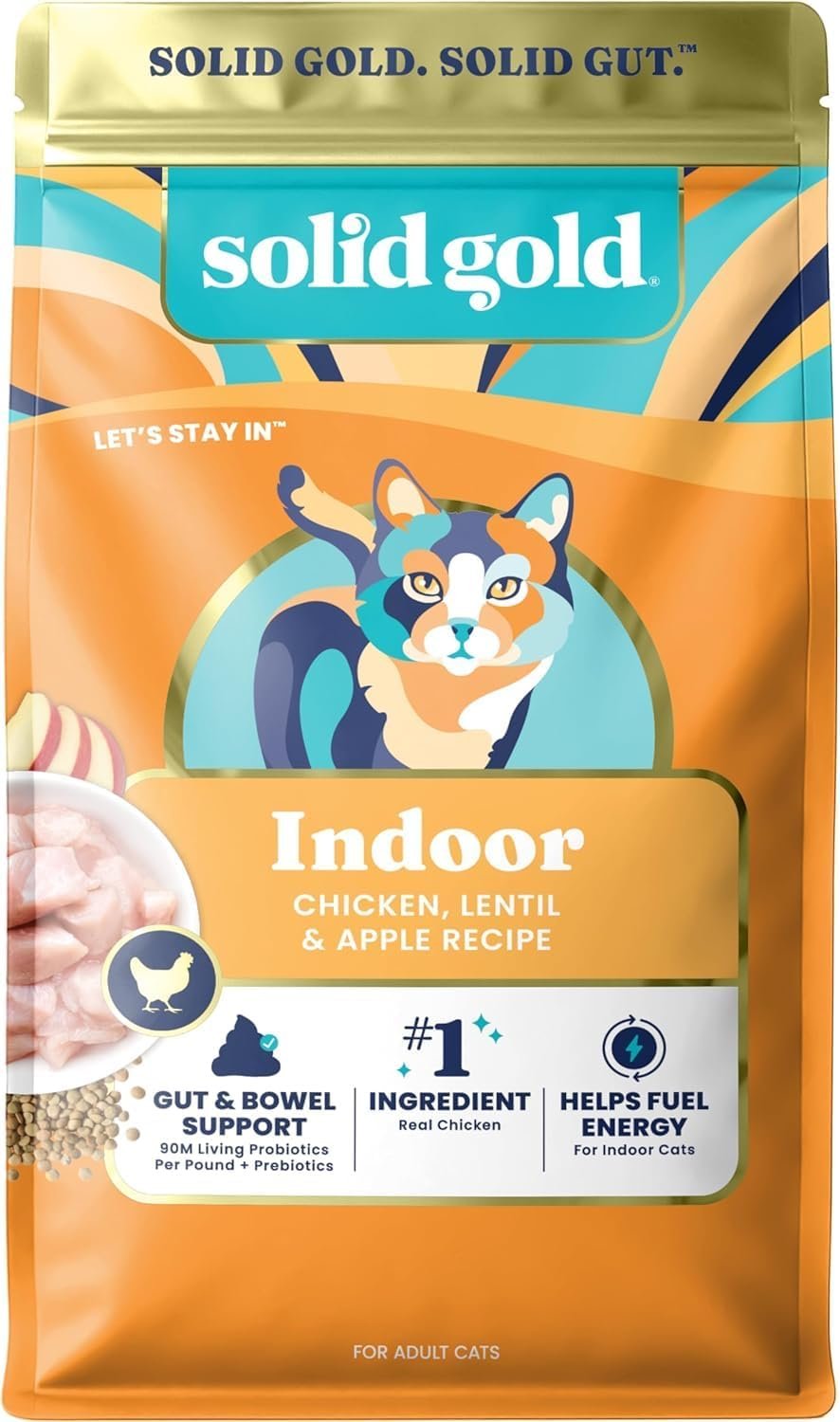 Solid Gold Indoor Dry Cat Food – Grain Free & Gluten Free – Chicken Cat Food Dry Kibble for Indoor Cats for Gut Health – Sensitive Stomach & Hairball Support for Adult Cats – 12LB