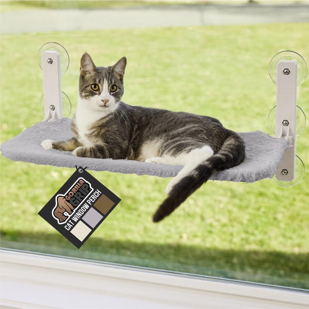 GORILLA GRIP Cat Window Perch, Foldable Cat Window Hammock Bed with 6 Large Suction Cups, Cordless Indoor Wall Shelves, Strong Metal Frame Holds 30lbs, Reversible Washable Sherpa Cover, Medium Gray