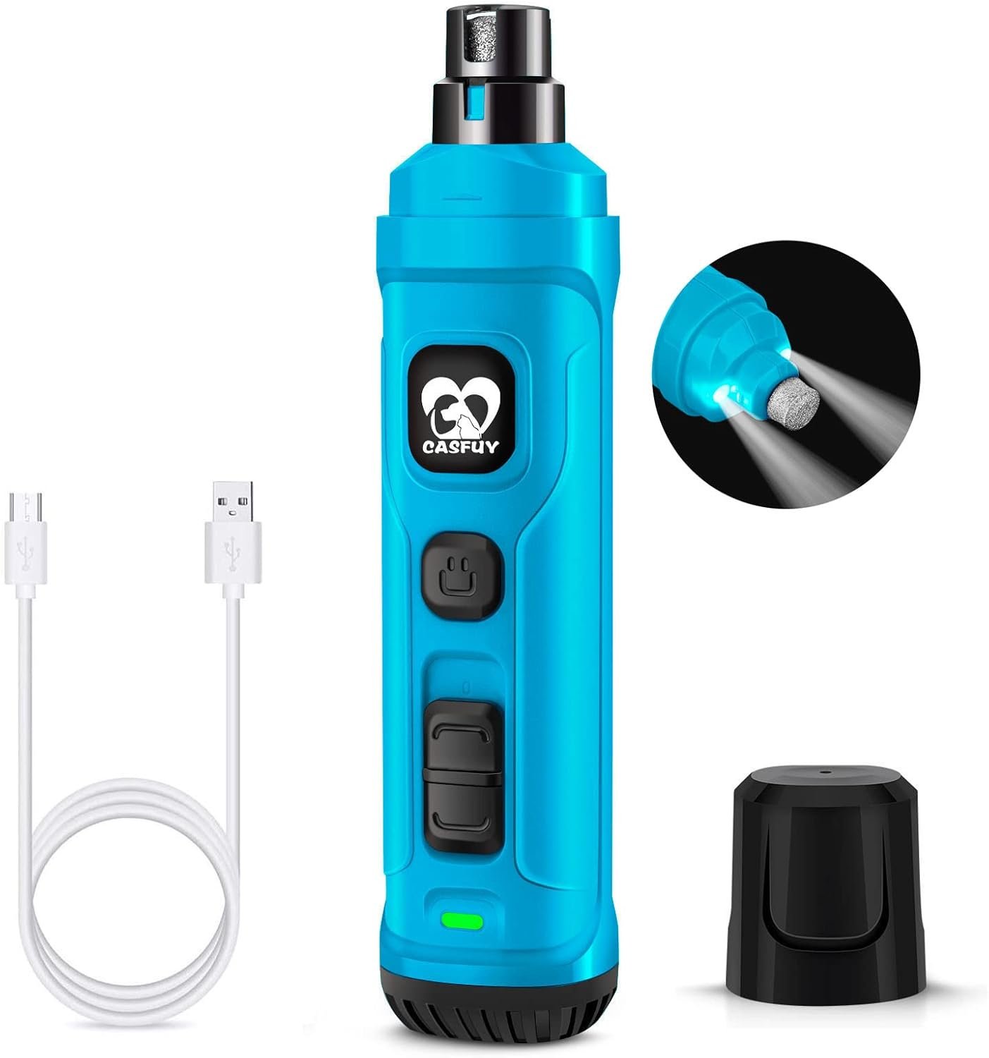 Casfuy Dog Nail Grinder with 2 LED Light – New Version 2-Speed Powerful Electric Pet Nail Trimmer Professional Quiet Painless Paws Grooming & Smoothing for Small Medium Large Dogs(Bright Blue)