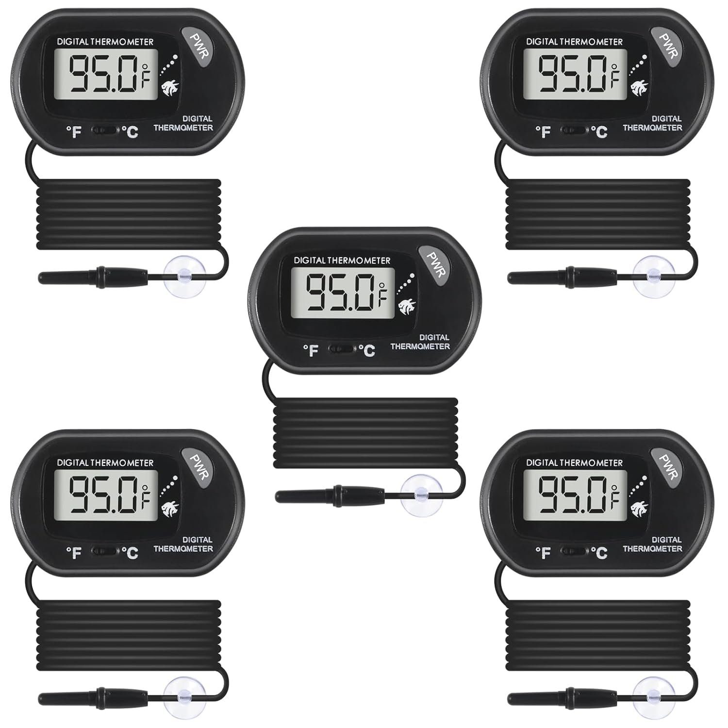 5Pcs Digital Aquarium Thermometer with Water-Resistant Sensor Probe and Suction Cup – Fahrenheit/Celsius (/) LCD Display