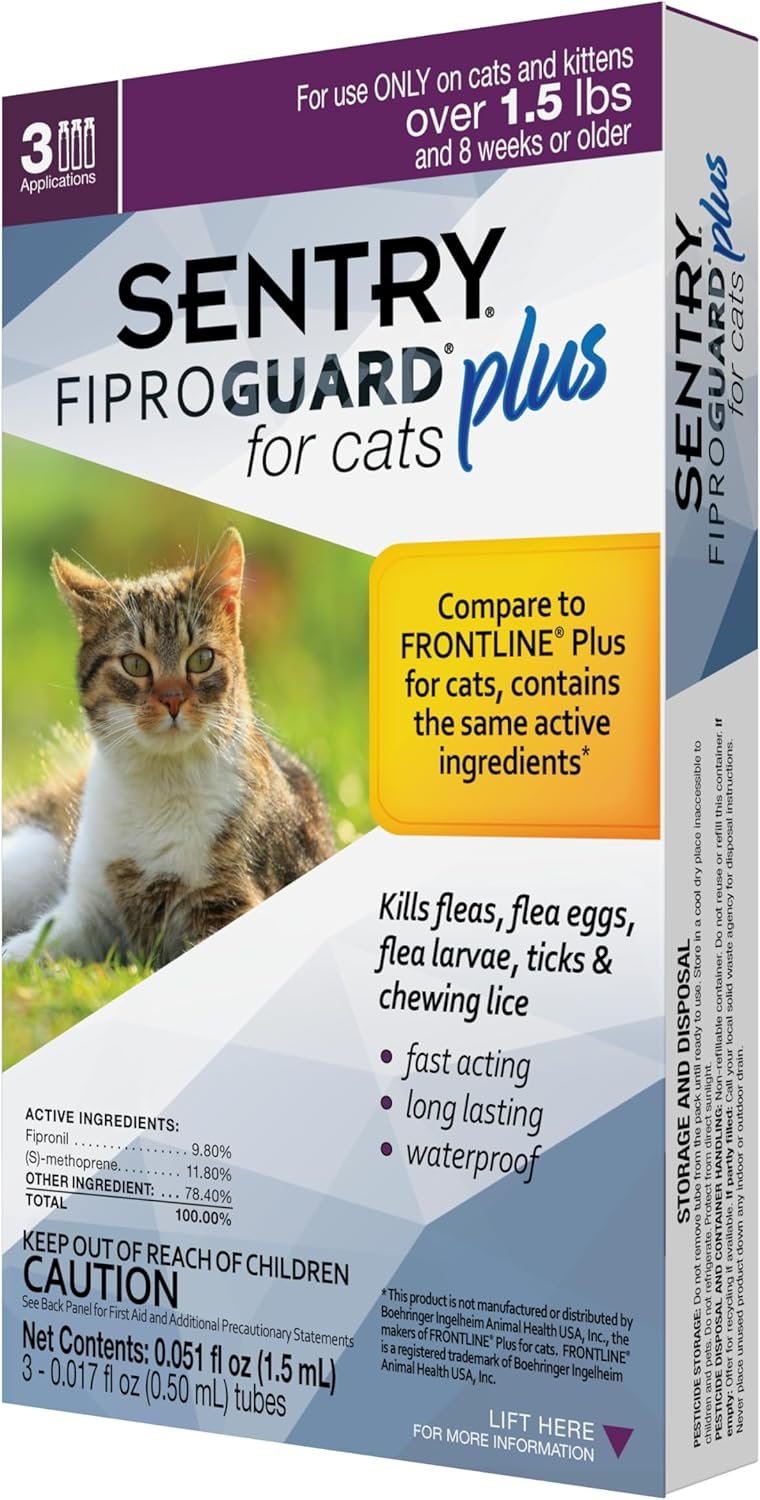 Sentry Fiproguard Plus for Cats, Flea and Tick Prevention for Cats, 1.5 lbs and Over, 3 Month Supply