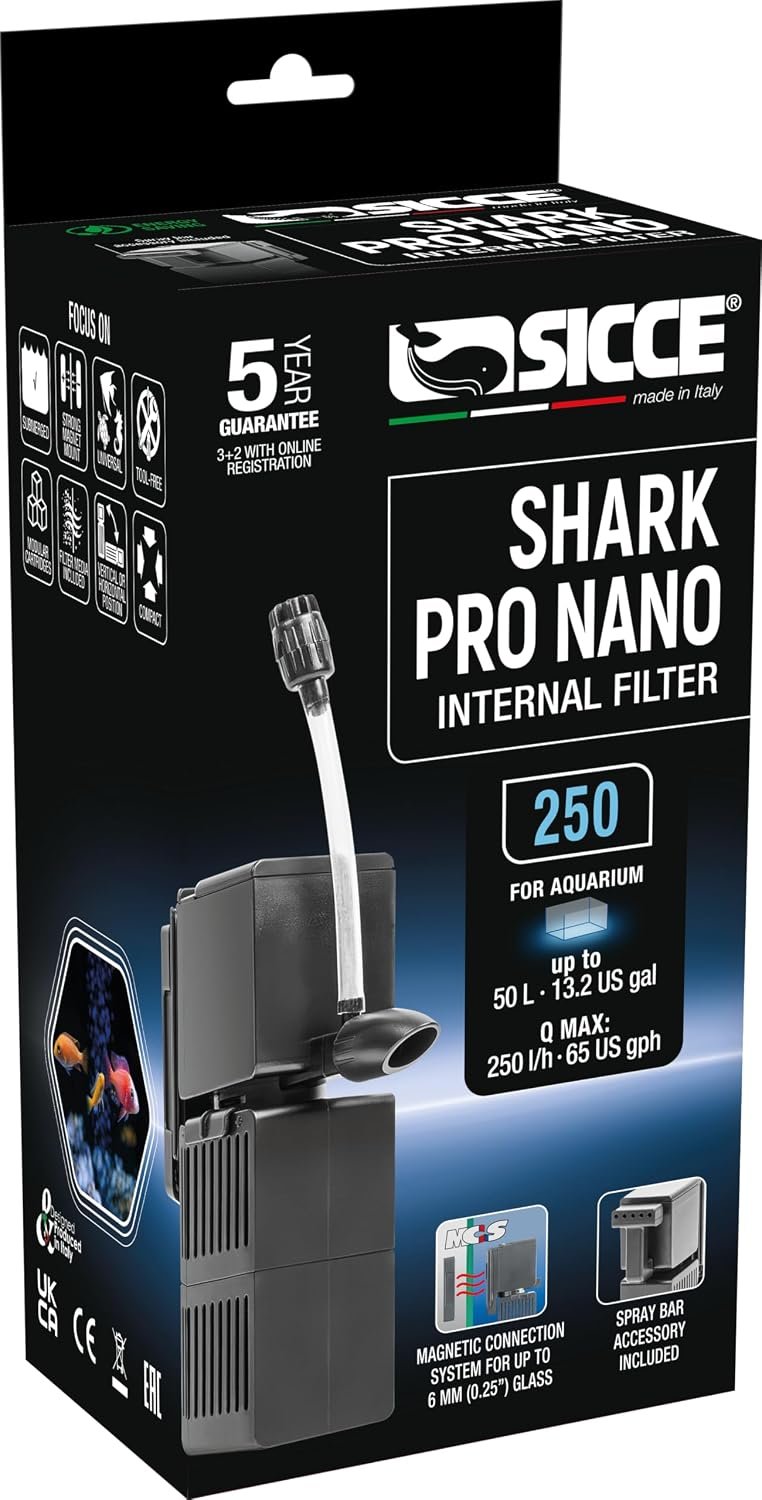 Sicce Shark Pro Nano 250 Internal 65 GPH Aquarium Power Filter up to 13 Gallon Aquariums | Quiet Spray Bar Mini Fish Turtle Pond Tank