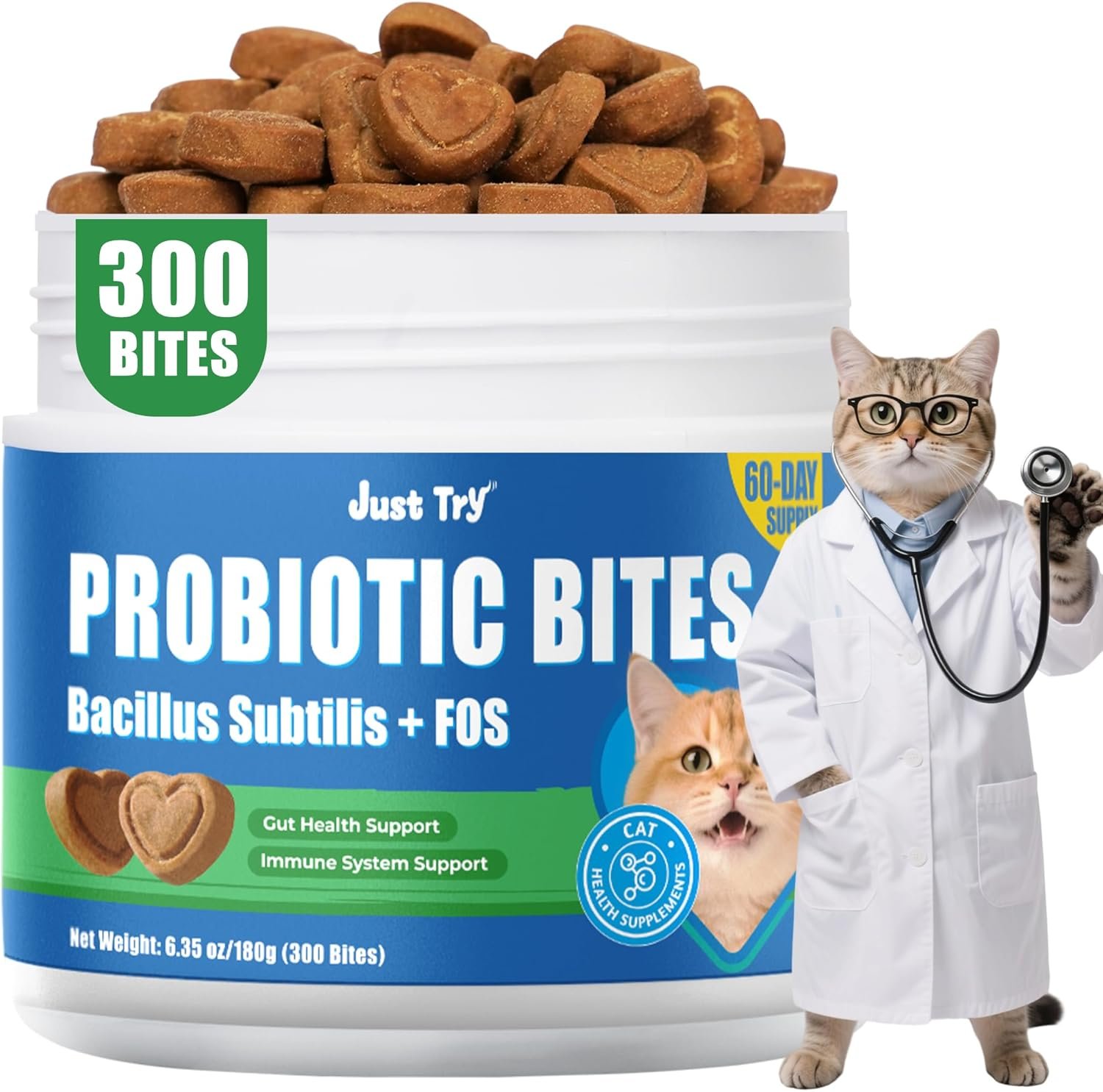 Just Try 300 Bites Cat Probiotic Bites Probiotics for Cats Chicken Flavor Healthy Cat Treats Digestive Support 6.35 oz