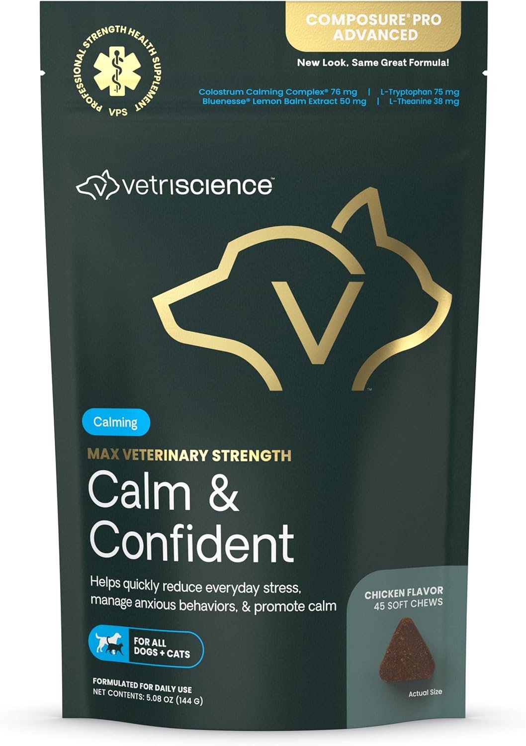 VETRISCIENCE Max Veterinary Strength Calm & Confident Chews – Stress Supplement for Pets – Supports Brain Function for Cats & Dogs – with Lemon Balm Extract, L-Theanine, Thiamine & More – 45 Count