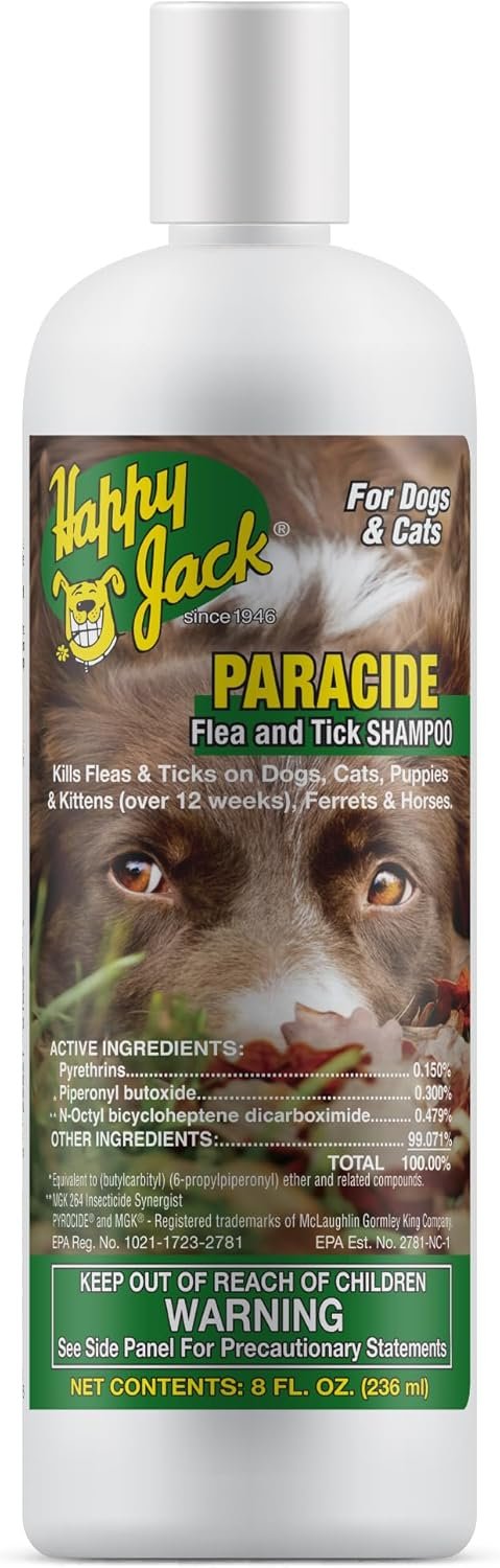 Happy Jack Paracide Flea & Tick Shampoo for Dogs & Cats, Medicated Treatment Shampoo Kills Fleas, Ticks & Mites on Contact, 30-Day Prevention, Deep Coat & Skin Protection for Sensitive Pets (8 oz)​