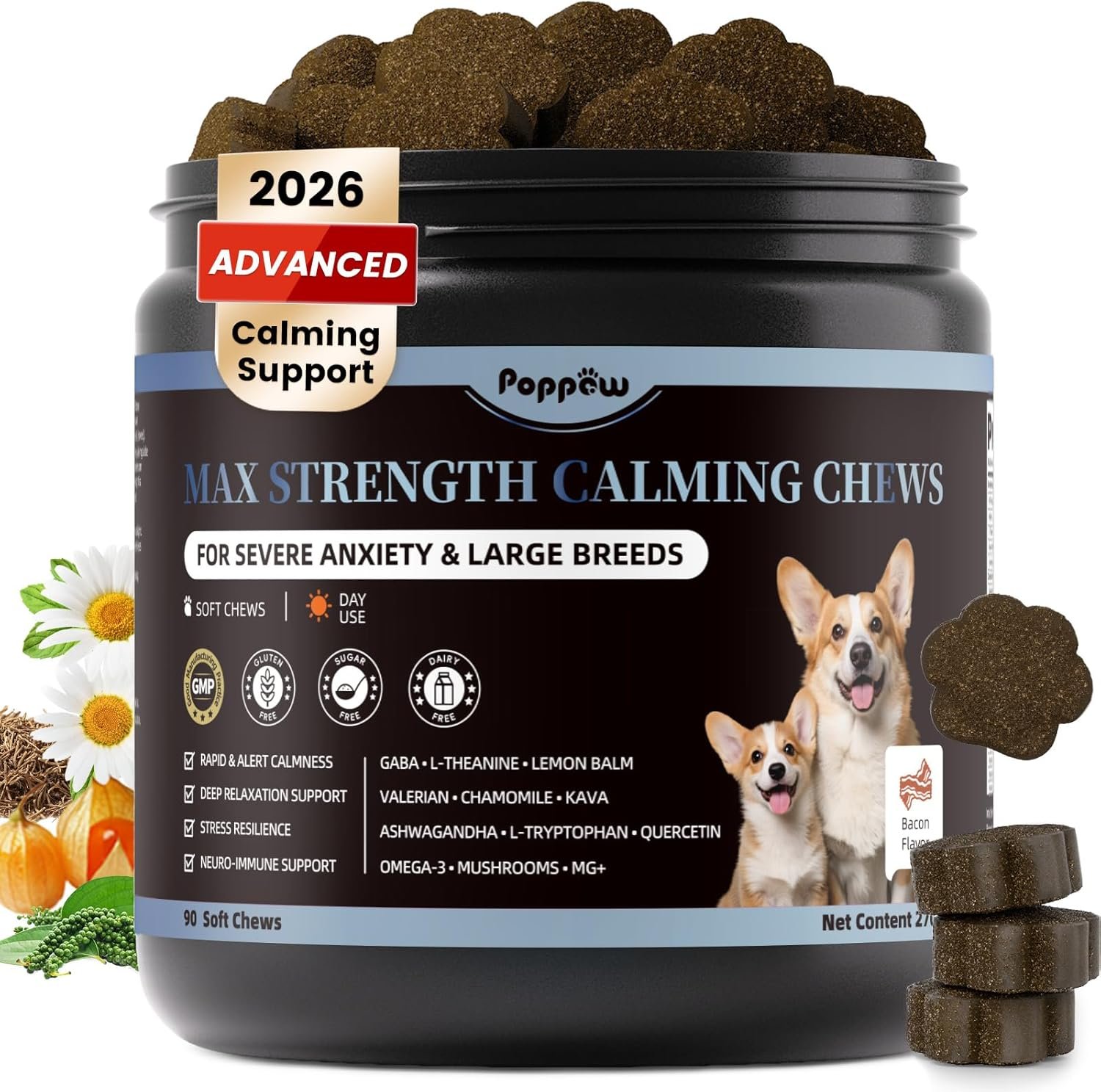 Calming Chews for Dogs – Advanced Calming Treats for Dogs Anxiety, Stress, Separation, & Thunder, Relaxation with Ashwagandha & L-Theanine, Non-Drowsy Alternative to Melatonin, Bacon Flavor, 90Ct