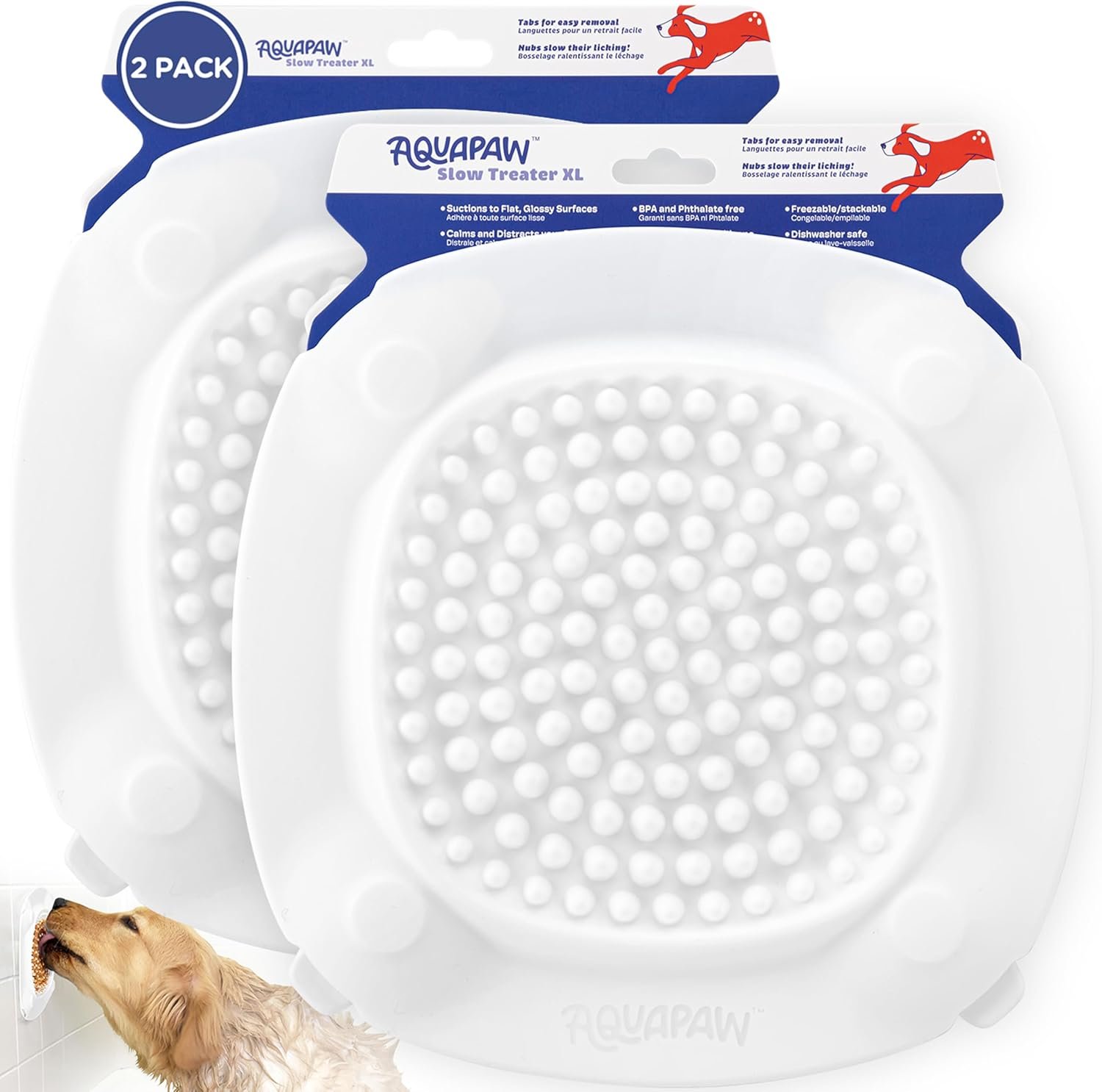 Aquapaw Lick Mat for Dogs 2-Pack XL, Suction Cup Dog Slow Feeder Pad & Licking Mat for Peanut Butter Treats – Calming Dog Bathing Aid, Stress Relief & Mental Stimulation for All Breeds – White