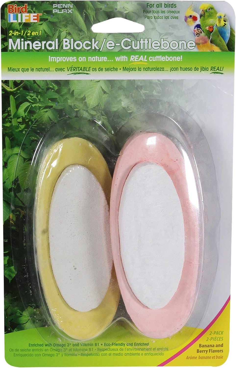Penn-Plax Bird-Life 2-in-1 E-Cuttlebone & Mineral Block, 1 Pack (2 Counts) – Yellow Banana & Pink Berry Flavor – Enriched with Vitamins, Omega 3 & Honey – Easy Mounting – Great for All Bird Sizes